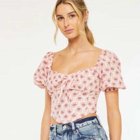 Pretty Garbage Pink Rose Heart Print Corset Crop Top Puffed Sleeves NEW - Picture 11 of 13
